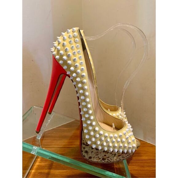 Christian Louboutin Womens Yellow Suede Canary Spiked Platform Heels Size 40 - Picture 3 of 13